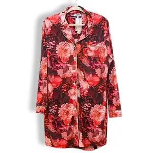 Johnny Was Women's Sleep Shirt Long Sleeve Button Down Red Burgundy Nightshirt