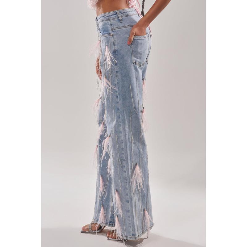 SHAKE IT FOR ME GIRL FEATHER EMBELLISHED DENIM