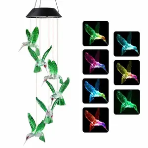 Green Hummingbird Solar Wind Chime with LED Lights - Outdoor Waterproof Hanging Decor for Garden, Patio, and Home Decoration