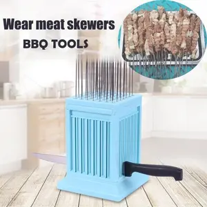 New BBQ Skewer Meat Maker Meat Skewer Tool 49 Holes Kebab Making Box BBQ Grill Food Beef Meat Slicer Kebab Brochette Maker Knife Plastic Utensils