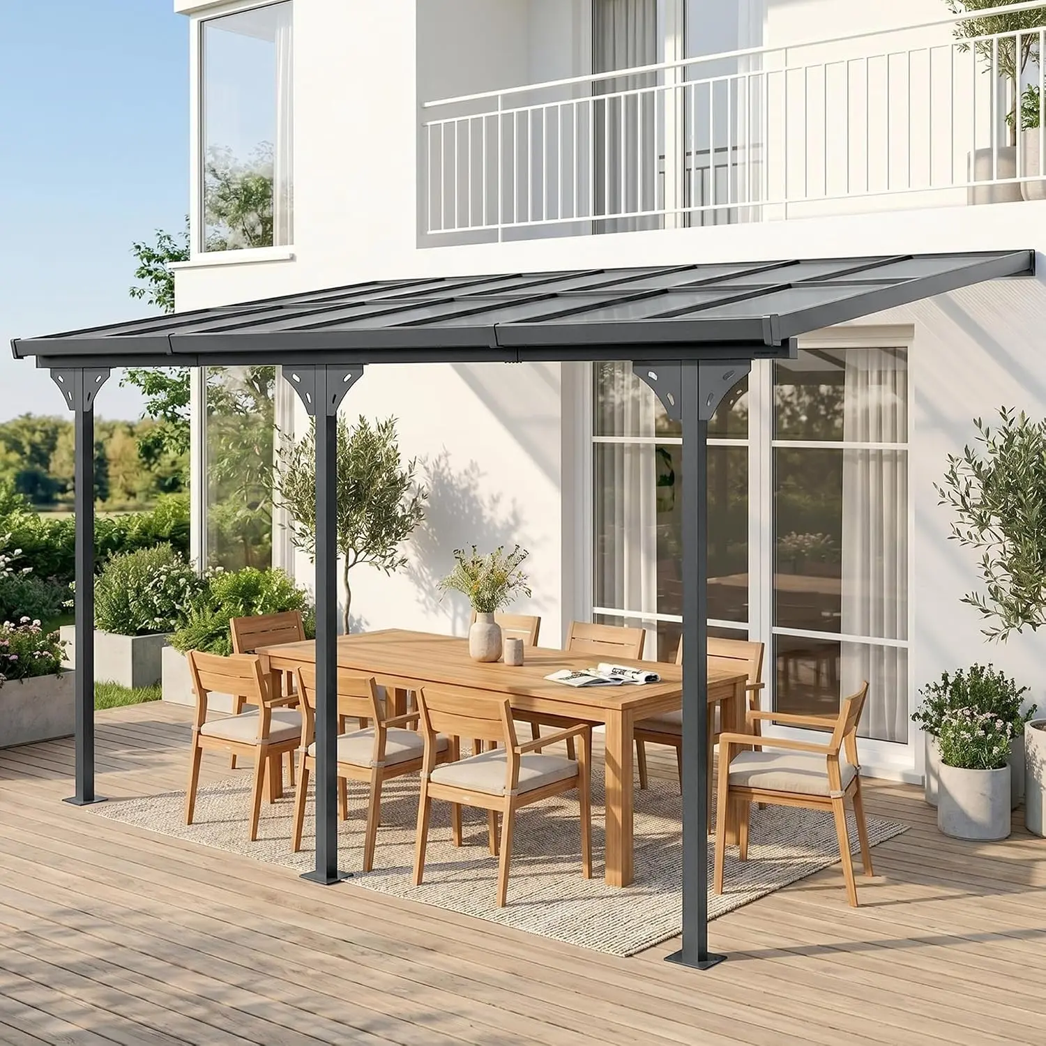 Crestholm 14.3' x 10' Polycarbonate Hardtop Pergola, Transparent UV-Blocking Roof with Adjustable Aluminum Posts, Drainage System, Wall-Mount Deck Gazebo (Gray)