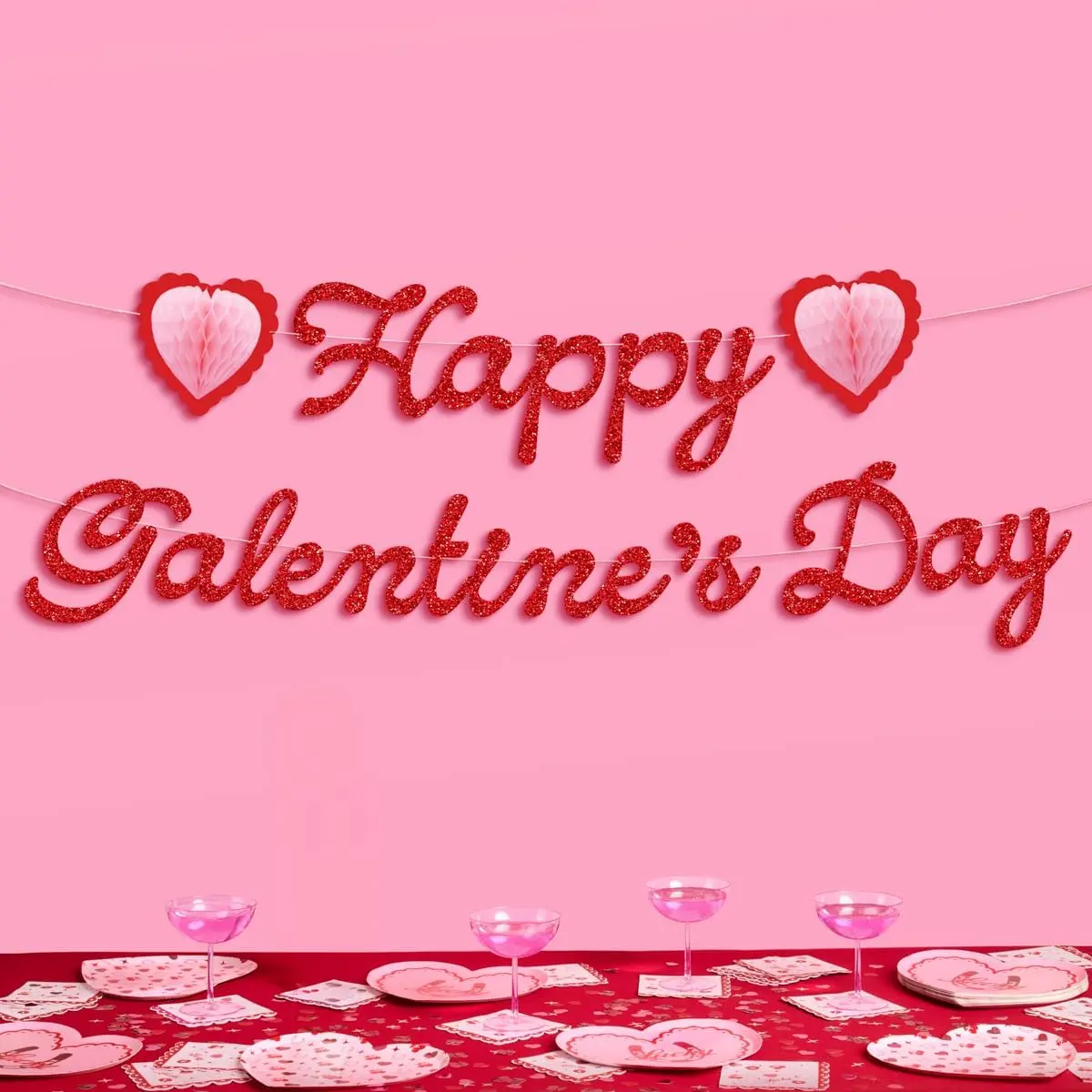 Xo, Fetti Happy Galentine's Day Banner - Red Glitter, 5 Ft. | 3D Heart Garland, Valentine's Dinner Decoration, Vday Party Sign, Girl's Night Photoshoot Backdrop