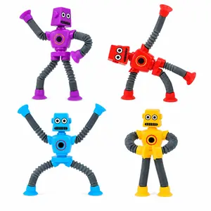 4 Pack Robot Pop Tube Toys Stretch Twist Desk Gadget with Suction Cup Hands and Feet for Kids Adults