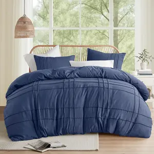 Navy King Size Comforter - 3 Pintuck Pleated Sets, Lightweight, Extra Softness Pre-Washed Microfiber King, Shams, King