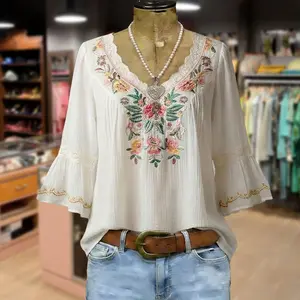 Cherrybetty Boho Flower Embroidered Lace V-Neck Top Plus Size Fashion Spring Tops Cute Tops For Women Spring Fashion Outfit Inspo Tiktok Shop Spring Glow Up Womenswear Shirts