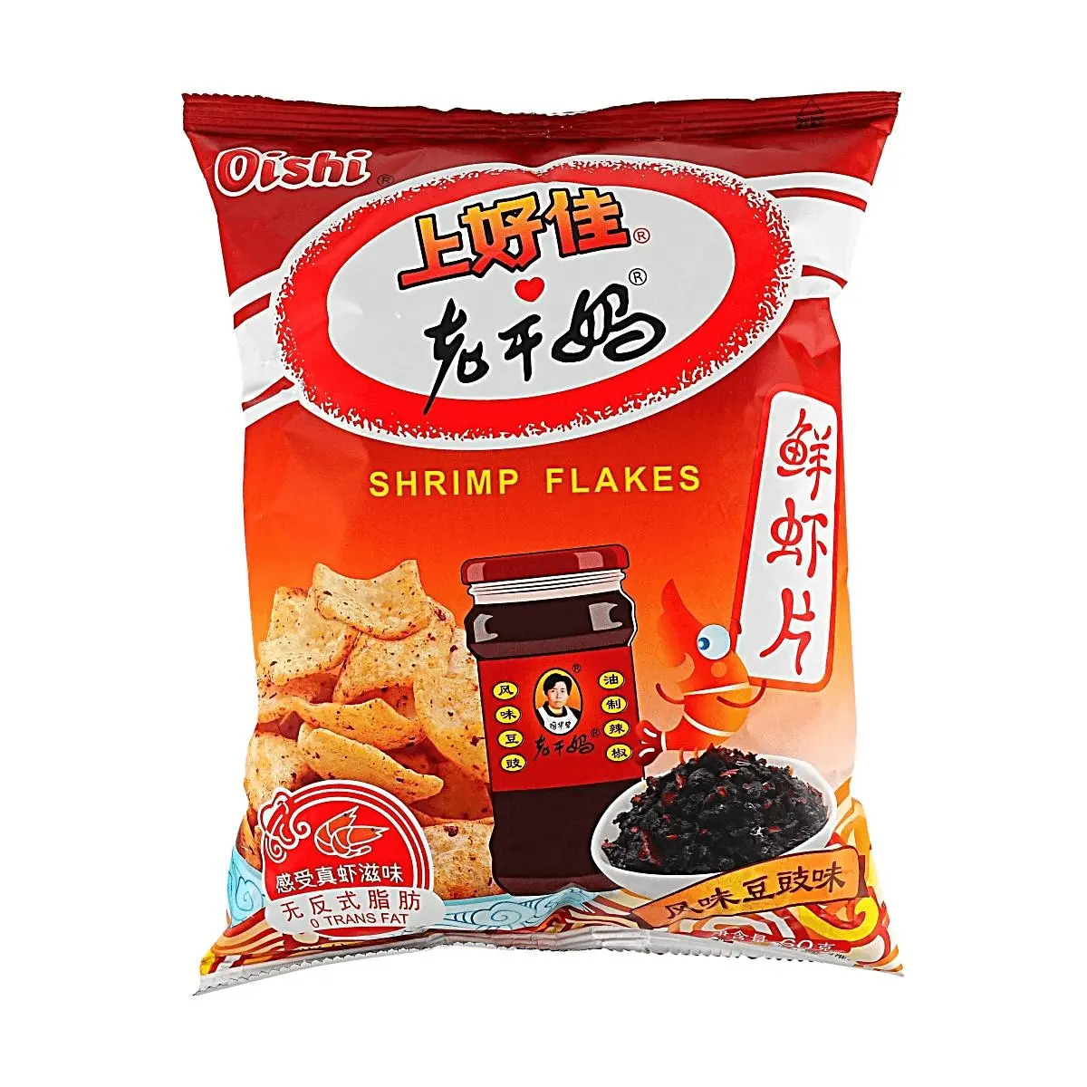 OISHI Lao Gan Ma Chili Bean Sauce Flavor Shrimp Crackers - Crispy Salty Snack 60g, Authentic Chinese Flavor Collaboration