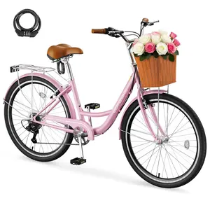 EOYOBIKE 7-Speed Beach Cruiser Bike, 24/26 Inch Step Through Bicycle for Women, City Commuter Bike with Front Basket