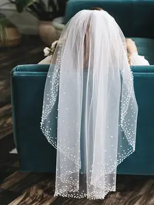 Vintage Wedding Veil with Hair Comb, Beaded Pointed Bridal Face Cover, Elegant Marriage Accessory, Trailing Veil, Perfect for Brides