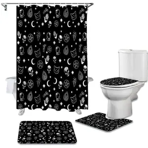 4-Piece Gothic Bathroom Set, Black Witch Skull Moon Stars Divination Shower Curtain and Rug Set, Non-Slip Bath Mat Toilet Cover for Bathroom Decor