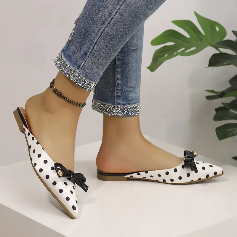 Women's Stylish Polka Dot Satin Bow Tie Pointed Toe Flat Mules - Breathable Slip-On Casual Women's Shoes, All Seasons Office Everyday Footwear