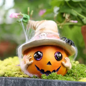 Halloween Pumpkin Statue Wearing Witch Hat, Fun Face and Spider Accessories, Perfect for Halloween Party Decorations, Outdoor Sculpture