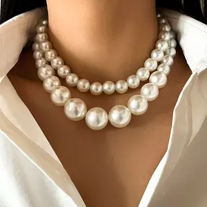 2-Piece Mixed-Length Bead String Necklaces Set - Chunky Bead, Double Stacked, Multi-String Imitation Pearl Chokers for Elegant, Temperament Fashion Styles, Chunky Bead Necklaces