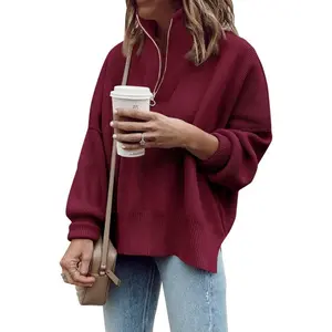 Saodimallsu Womens Tunic Sweater Fall Long Sleeve 1/4 Zip Pullover Sweaters Oversized Slouchy Ribbed Knit Sweatshirt with Slit