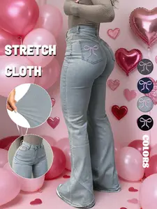 GILIPUR Y2K Women's Casual Everyday Denim Flared Leg Pants Back Pocket Embroidered Bow Mother Jeans Comfortable And Fashionable Chic Women's Pants For All Seasons Jeans Flared Pants Starched Jeans Girls Stretch Jeans