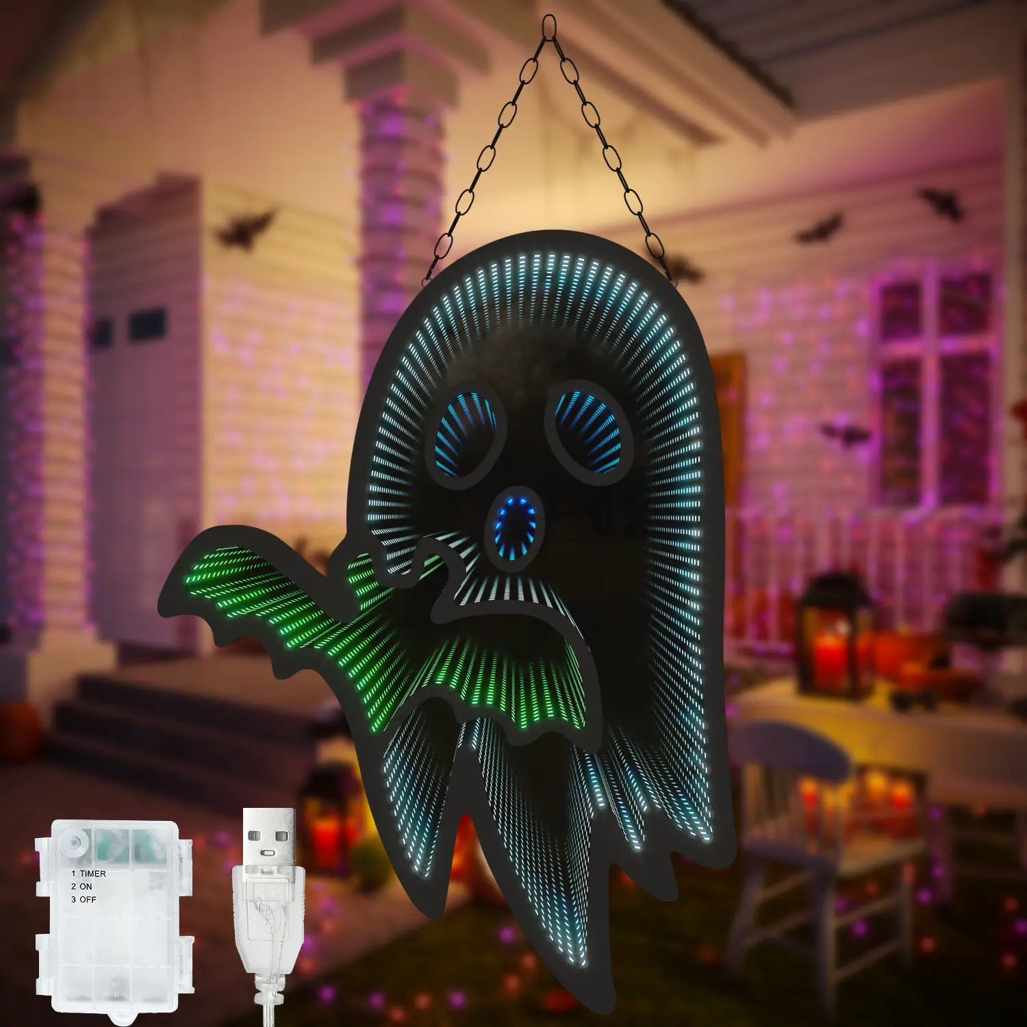 BeatiNeon Halloween Ghost Night Lights, 3D Infinite Mirror Ghost Light with Bat, 12.2" x 16.54" LED Lighted Halloween Indoor Decoration for Kids Party Windows Doors Walls, Battery/USB & Plug-in Lights Sign