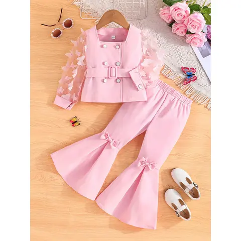 Girls' Polyester 2-Piece Casual Outfit Set - Mesh Sleeves Playful Heart Print Top, Pink Bell-Bottom Sweatpants, Fall 4Y-8Y (6y Included) Clothes, Regular Fit Slight Stretch, Dry Clean Only