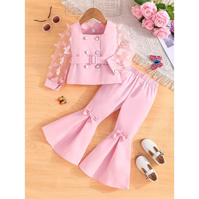 Girls' Polyester 2-Piece Casual Outfit Set - Mesh Sleeves Playful Heart Print Top, Pink Bell-Bottom Sweatpants, Fall 4Y-8Y (6y Included) Clothes, Regular Fit Slight Stretch, Dry Clean Only