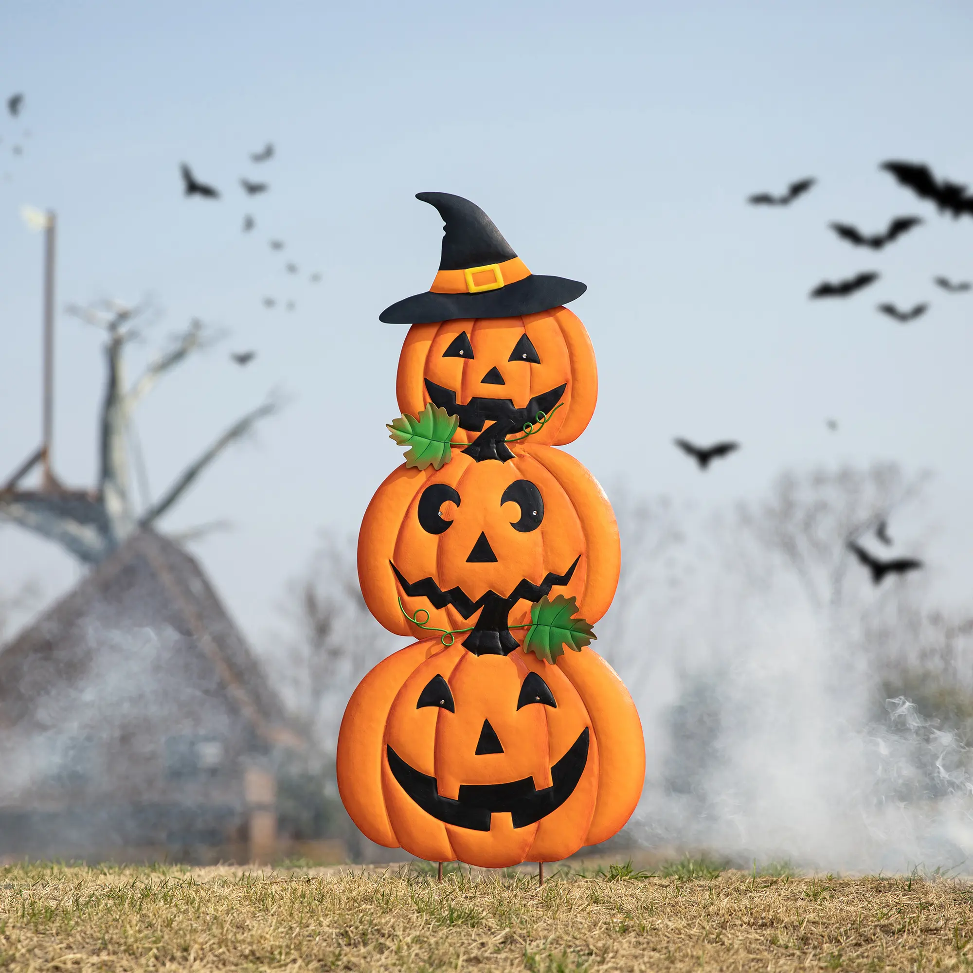 Glitzhome 39.75"H Set of 3 Halloween Lighted Metal Stacked Jack-O-Lantern Yard Stake or Hanging Decor  (KD, Two function)