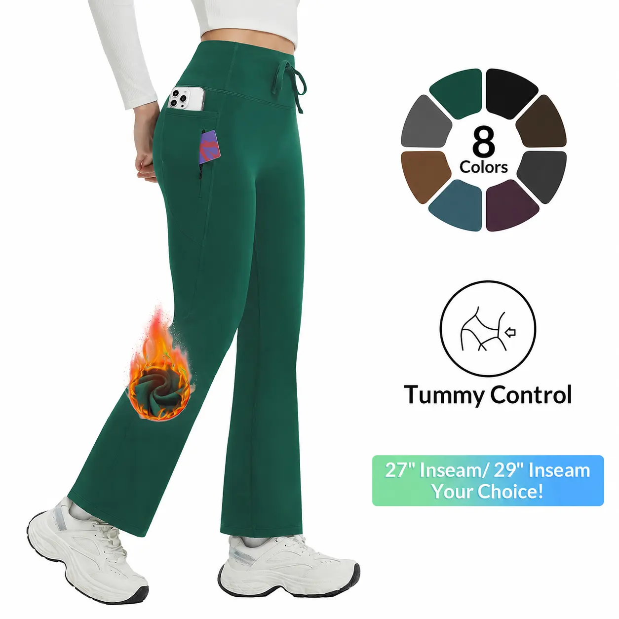 baleaf Women's Fleece Lined Pants, Cute Thermal High Waist Bootcut with Flared Bottom and Zipper Pockets