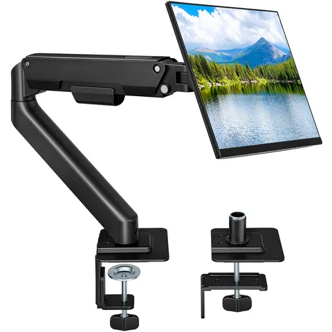 PEGZONE Ergonomic Monitor Stand - Gas Spring Adjustable Arm for Single/Dual Screens (Up to 32", Max 19.8lbs), Monitor Holder with Desk Clamp & Grommet Base, Desk Accessories
