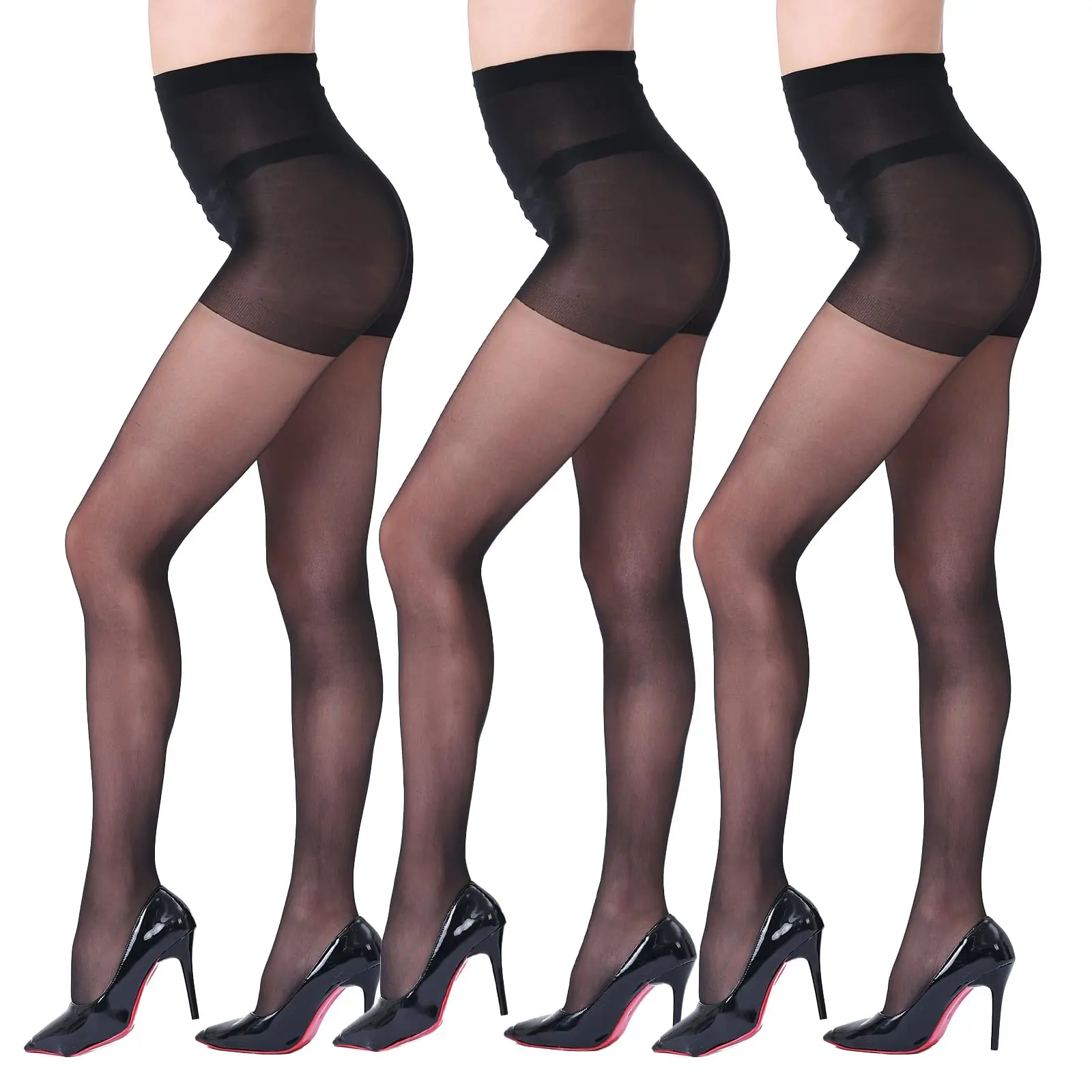 Women's 3 Pairs 20D Ultra Sheer Silky Spandex Fabric Tights - Control Top, Run Resistant, Smooth Pantyhose for Dresses
