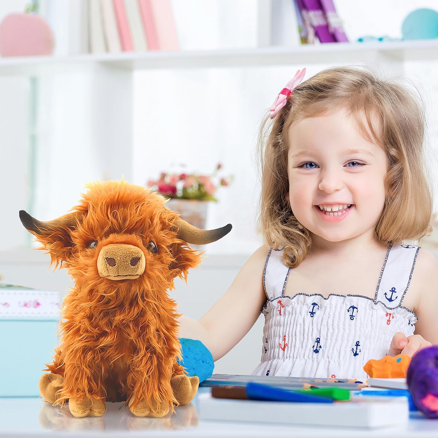Highland Cow Plush Stuffed Animal Ultra Soft Squishy Scottish Cattle Plushie Cute Desk Decor & Highland Cow Gifts for Kids Teens Adults
