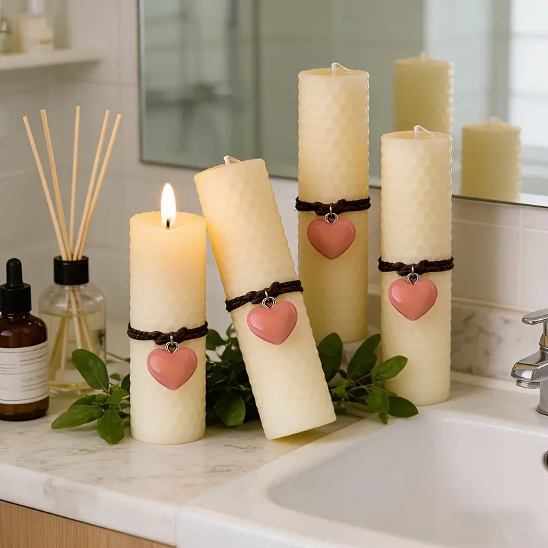 4PACK 6 Inch Beeswax Pillar Candles with Pink Heart Pendants - All-Natural Beeswax Candle Set, Scented Candle, Candle Decoration, Valentine's Day/Wedding Gift for Wife Mom Friends, Home Table Ambience Decor for Romantic Dates & Seasonal Gatherings