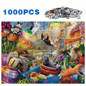 Adult Mini Jigsaw Puzzle Box (1000-Piece), Colorful Flower Room Cat Party, High-Quality Stress Relief Game, DIY Home Decor Gift