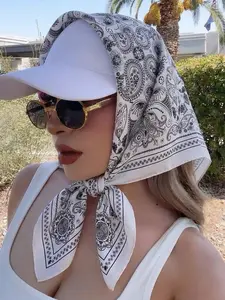1pc women's fashion versatile scarf 70*70cm new silk satin square scarf white background black pattern paisley print scarf Neck Scarf