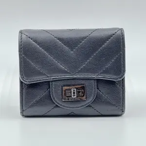 Pre-owned CHANEL Leather Small Leather Goods 2.55 Black Tri Fold Wallet