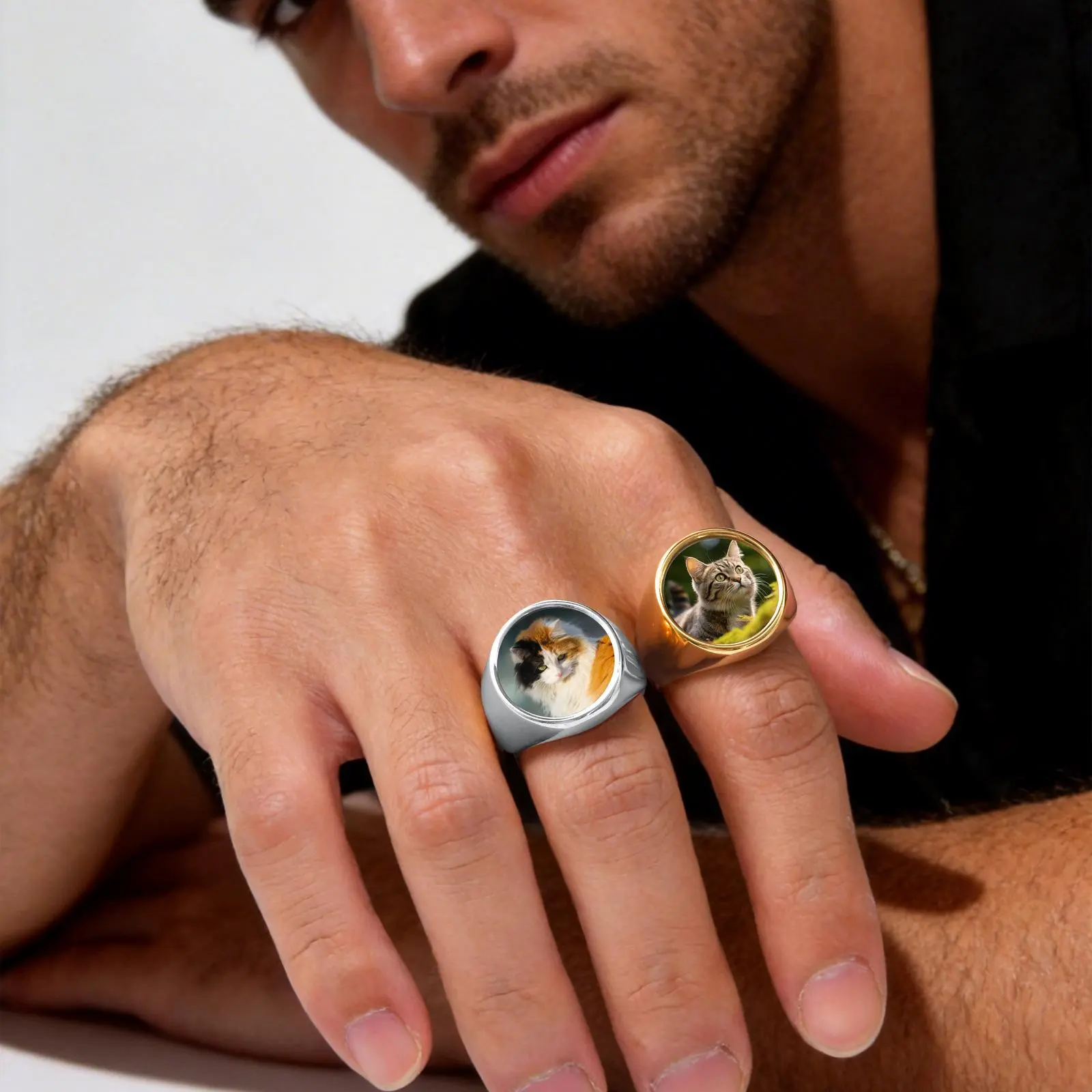 Vnox Free Custom Po Picture Ring for Men, Gold Sliver Color Stainless Steel 20mm Rings Size 7-12, Personalized Jewelry Gifts