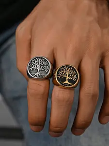 1pc Stainless Steel Plated 18K Gold Retro Business Tree Pattern Men's Ring Summer Accessory