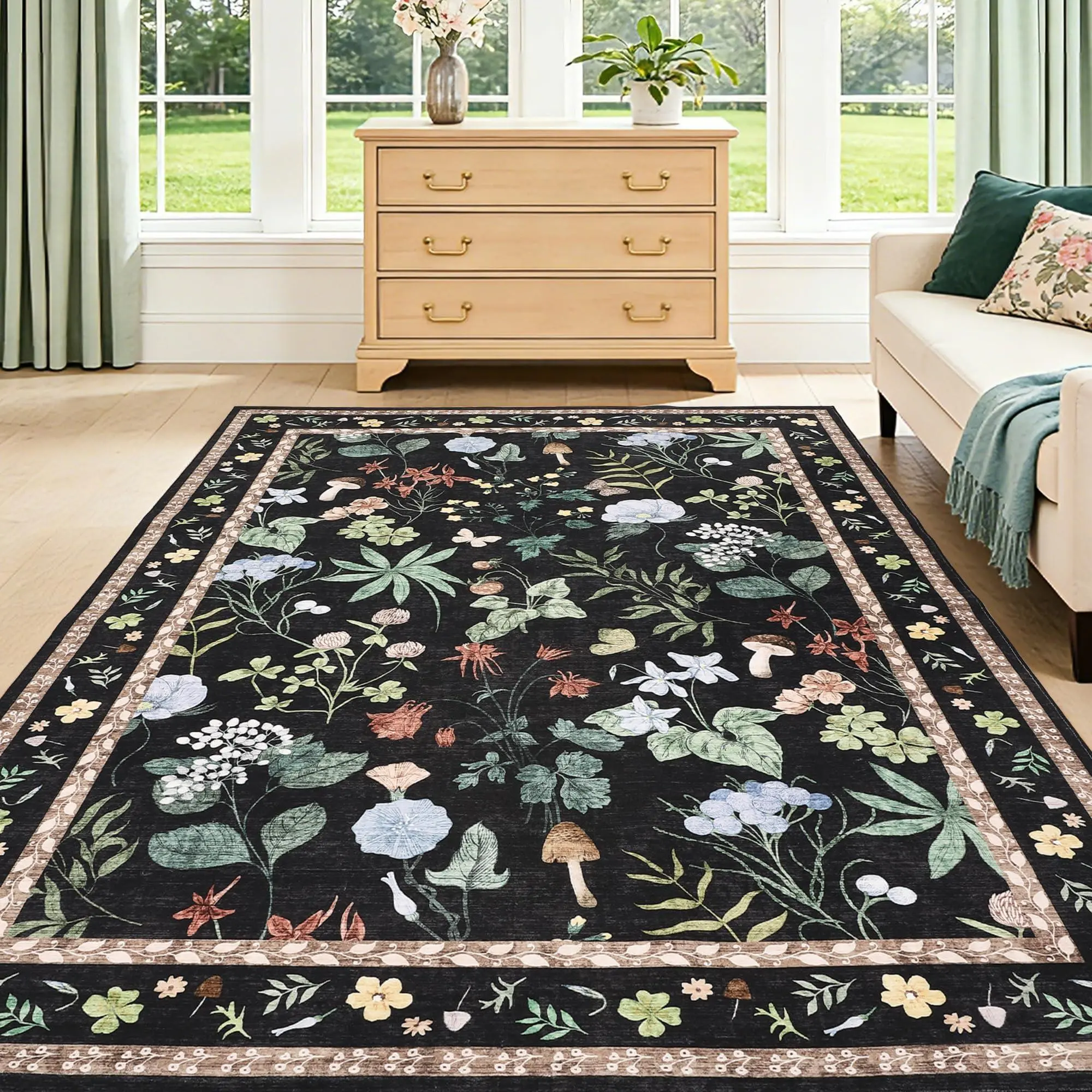 GAOMON 5x7 Floral Print Washable Area Rug - Non-Slip Low Pile Stain Resistant Carpet for Living Room, Bedroom, Living Room Decor