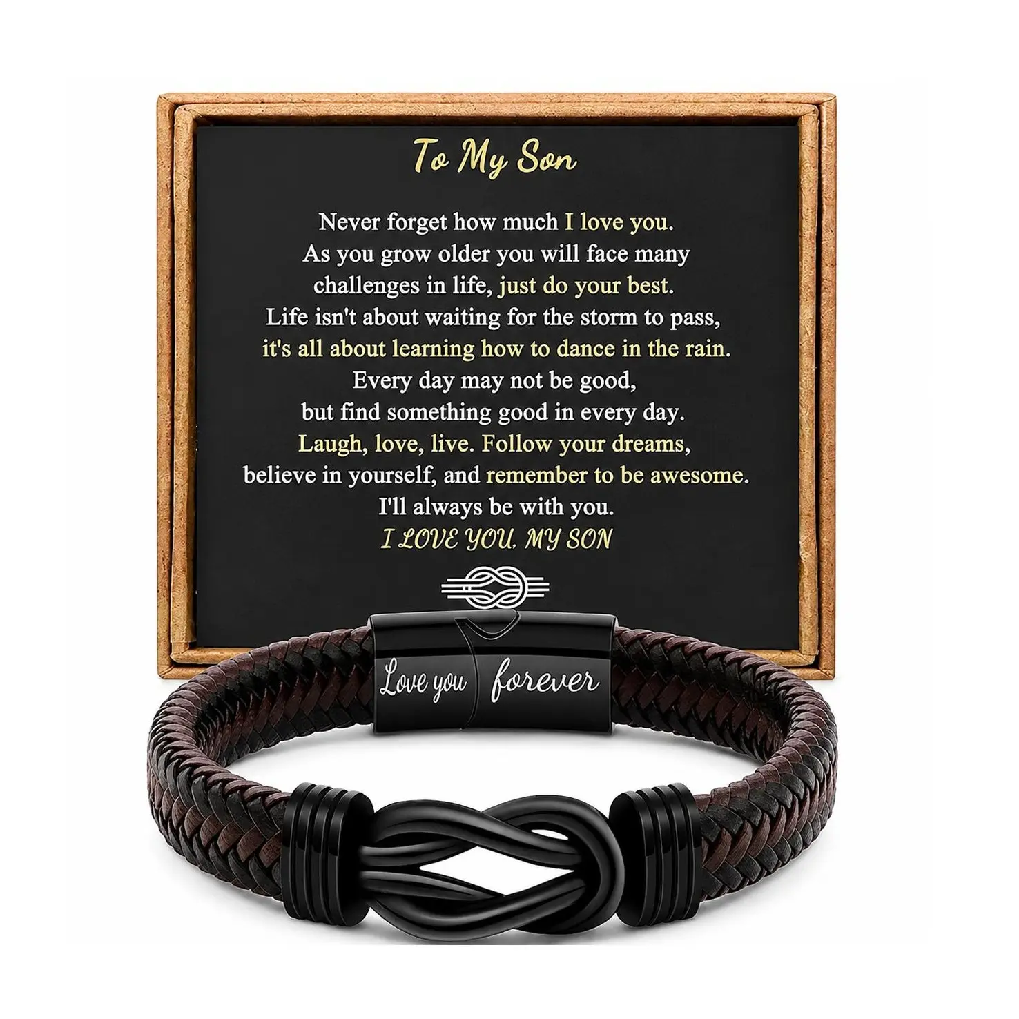 To My Son Bracelet Gift for Son Birthday Graduation Christmas Gift, Love You Forever Braided Leather Bracelet with Message Card and Gift Box, Inspirational Keepsake Gift from Mom Dad