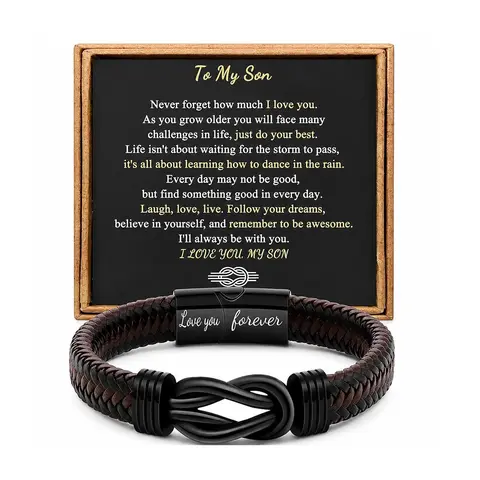 To My Son Bracelet - Love You Forever, Braided Leather Infinity Bracelet with Engraved Message, Inspirational Card and Gift Box, Meaningful Gift from Mom or Dad for Birthday, Graduation, Christmas or Coming of Age