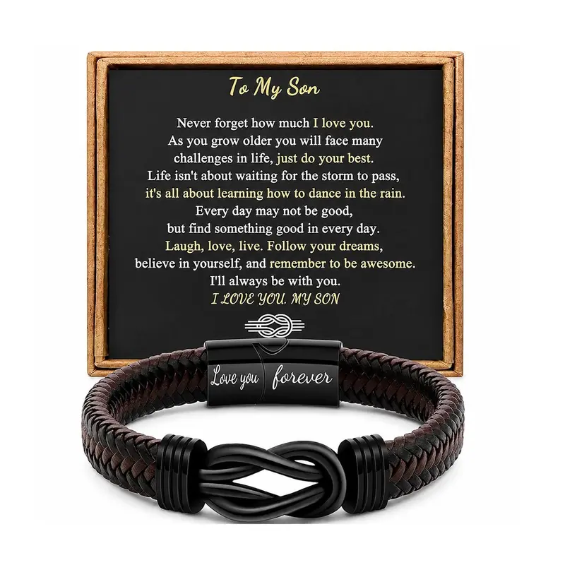 To My Son Bracelet - Love You Forever, Braided Leather Infinity Bracelet with Engraved Message, Inspirational Card and Gift Box, Meaningful Gift from Mom or Dad for Birthday, Graduation, Christmas or Coming of Age