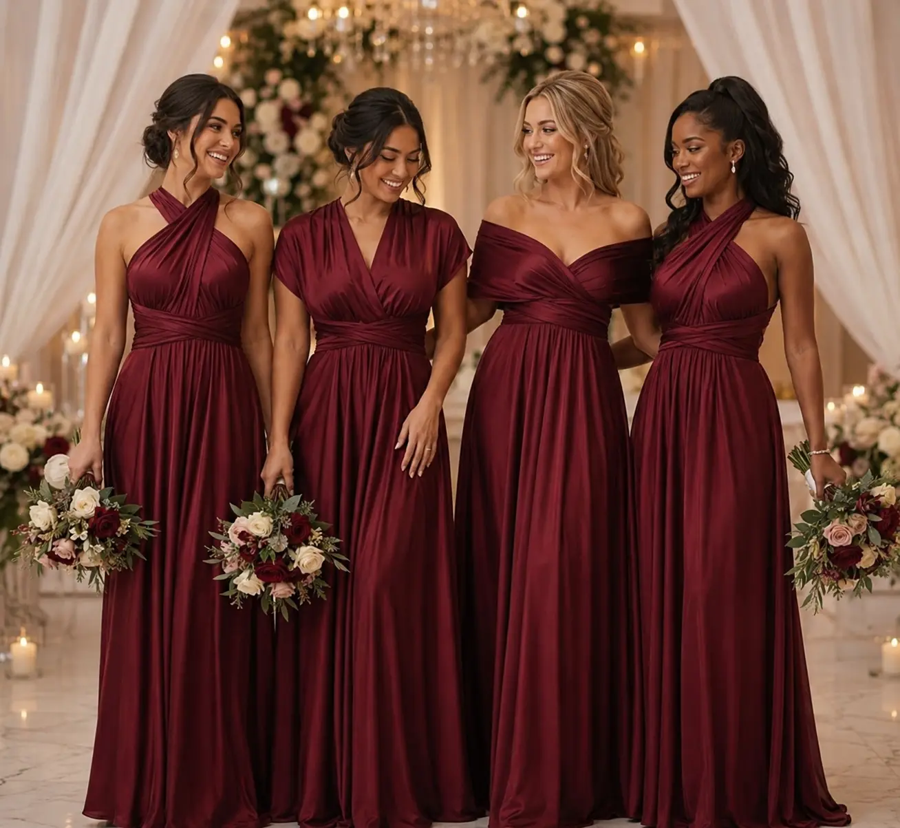 Women's Elegant Infinity Convertible Formal Dress with Pockets, Chic Halter Straps, Soft Stretch Fabric, Elegance Drape, Standard & Plus Sizes, Party, Wrap, Stretch Satin, Sleeveless, Floor Length, Formal Wear, Minimalist, Bridal, Side Pockets