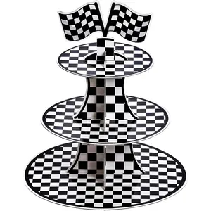 3-Tier Round Cardboard Cupcake Stand Racing Car Theme Cupcake Holder Car Theme Dessert Display Stand Black and White Checkered Car Party Decorations Supplies
