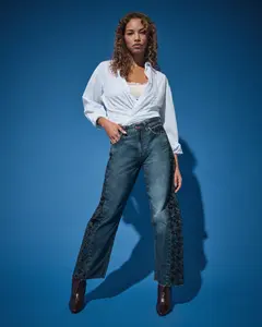 Women's 100% Cotton Lace Side Seam Low Slung Barrel Rider Jean - Blue Royalty