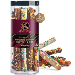 KREMERY Creamy Chocolate Cravings - Thanksgiving Chocolate Covered Pretzel Rods Gift Basket, in Clear Tube (8 Pretzels, Assorted Sweet Toppings) Holiday Xmas Christmas Food Arrangement