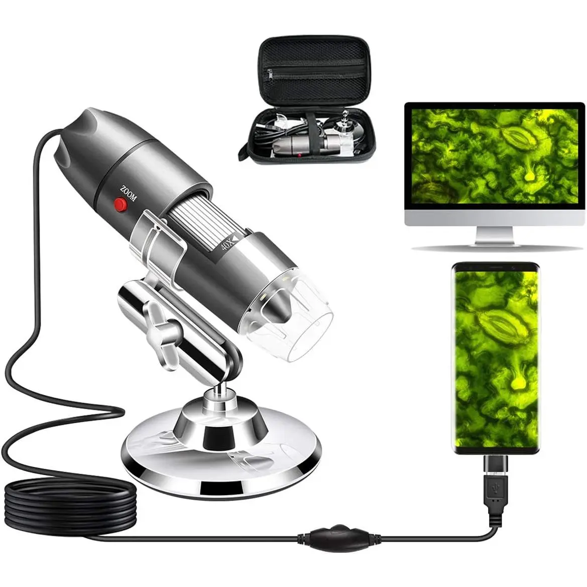USB Microscope Camera 40X to 1000X,  Digital Microscope with Metal Stand & Carrying Case, Compatible with Android Windows Linux , Portable Microscope Camera for  Students Adults (Gray)
