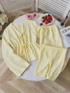 New Arrival Striped Loose Tie Top Two Piece Set, Comfortable High-End Elegant Long Sleeve, Sweet Fashion Casual