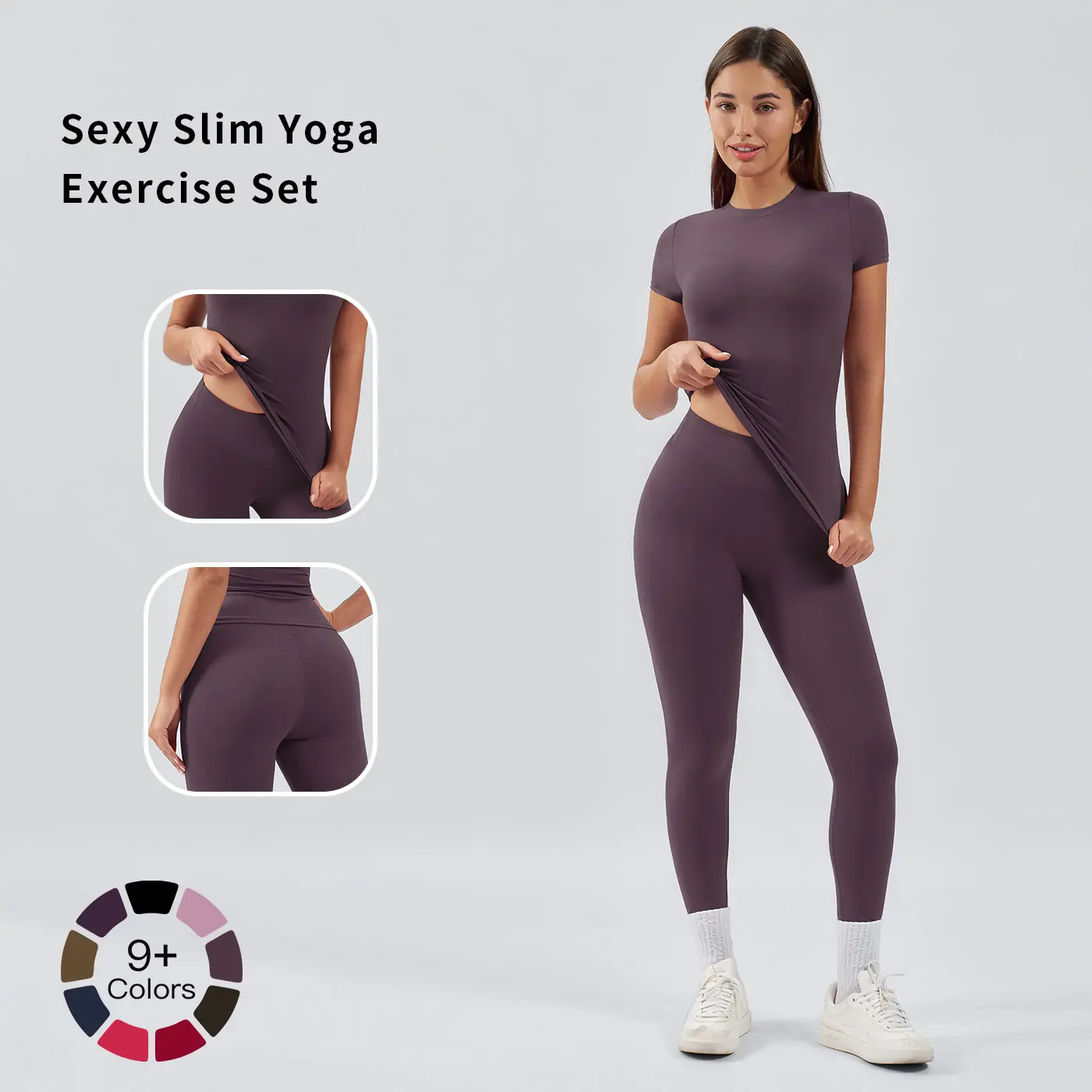 Women's 2-Piece Workout Set, Quick-Dry Short-Sleeve Top & High-Waisted Yoga Bottoms for Gym and Running, Workout Running Clothes