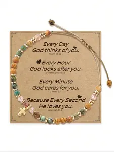 Natural Stone Cross Beaded Bracelet, Adjustable Fashion Hand Chain, Christian Faith Jewelry, Religious Gift, All Seasons Casual Style, Stackable Bracelets
