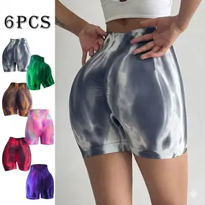 6-Pack Women's Seamless Tie-Dye Booty Shorts - High Waisted Scrunch Yoga Workout Activewear gym pants