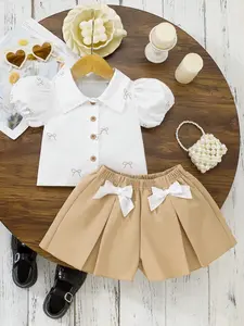 Girls' Bubble Sleeve Bow Print Shirt & Big Bow Shorts Set, Cute Summer Casual for Daily Wear and Parties