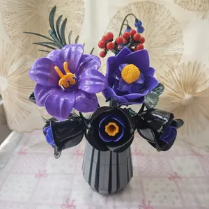 Purple Night Floral Building Block Bouquet with Decorative Vase, Creative DIY Flower Display Set for Room Desk Decor, Gift Idea for Birthday, Holiday & Home Aesthetic