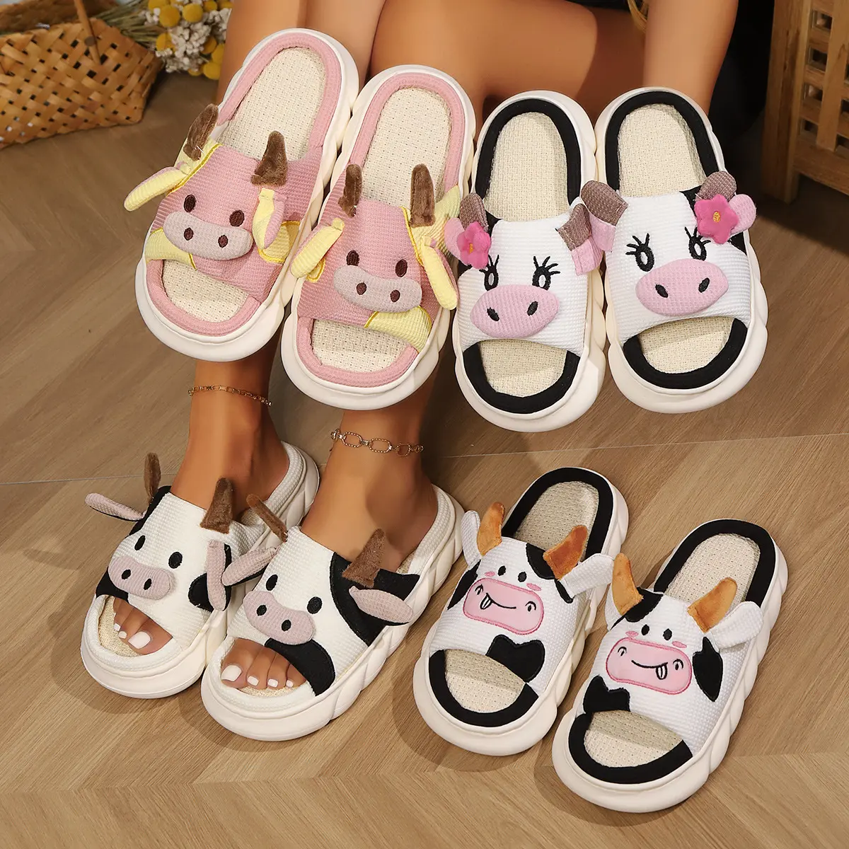 Cow Slippers for Women/Men Indoor, Cute Cartoon Animal House Shoes, Comfortable Cotton Linen Bedroom Kawaii Cloud Slides