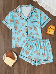 Cute Cartoon Capybara Print Silk Pajama Set for Women, Short Sleeve Button Down Top and Relaxed Fit Shorts, Comfortable Loungewear Nightwear Lounge Set