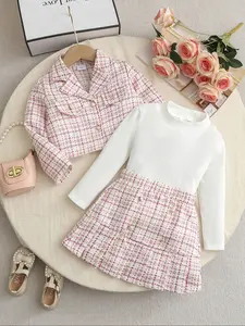 Autumn Winter Girl's Three-Piece Set, Plaid Blazer Jacket, Striped Inner Layer, Matching Skirt, Pearl Button Decor